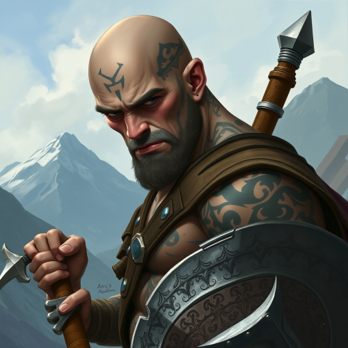 Young Goliath with Mace and Shield in Mountains