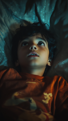 Young Hispanic kid staring wide-eyed in dark bedroom.