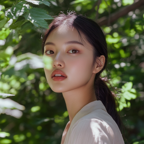 Young Korean woman with radiant skin in forest
