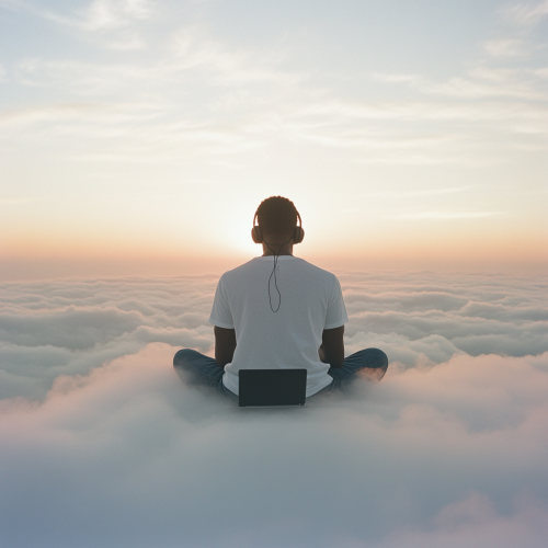 Young Man Enjoys Music in Dreamy Sky Setting Young Man Enjoys Music in Dreamy Sky Setting