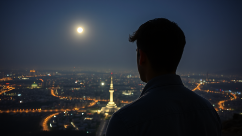 Young Man Overlooking Moonlit Tehran from Mountain