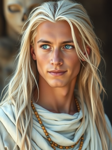 Young Man in Tribal Attire with Piercing Blue Eyes