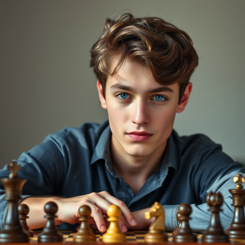 Young Man with Dark Hair Playing Chess