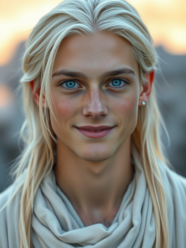 Young Man with Luminous Skin in Ethereal Whites