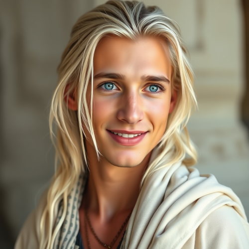 Young Man with Platinum Hair in Tribal Clothing