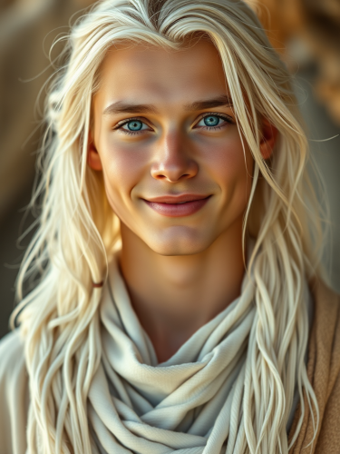 Young Man with Platinum Hair in Tribal White Outfit