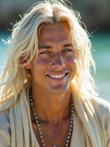 Young Man with Tribal Outfit and Piercing Blue Eyes
