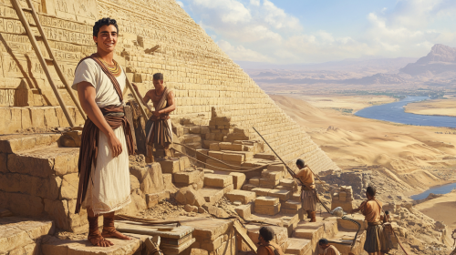 Young Pharaoh Kufu helps build pyramid of Egypt.