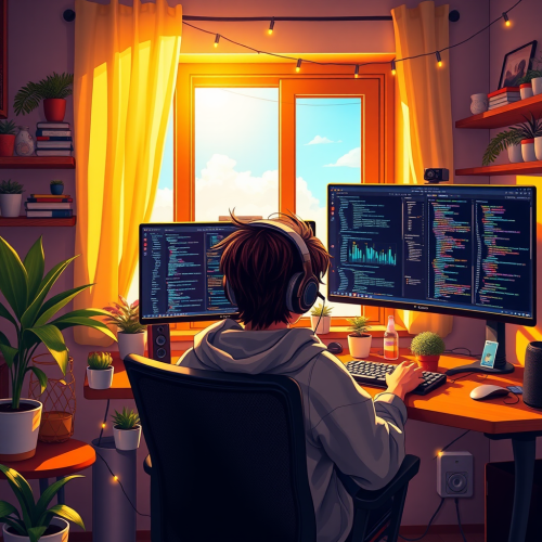 Young Programmer in Peaceful, Sunlit Workspace