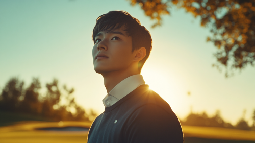 Young South Korean man starting golf, cinematic photography, 8K.