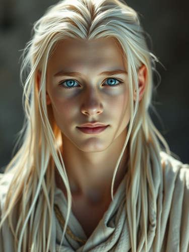 Young Tribesman with Platinum Hair and Blue Eyes