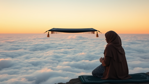 Young Woman Praying on Floating Mat Above Clouds Young Woman Praying on Floating Mat Above Clouds