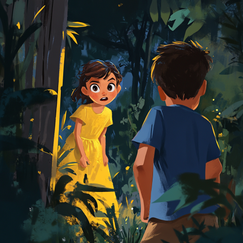 Young boy Mark finds girl Sally hiding playfully.