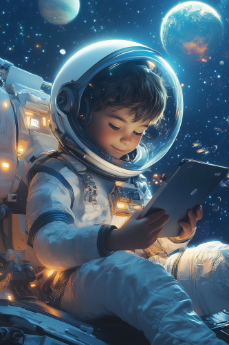 Young boy astronaut reading tablet in space station Pixar style