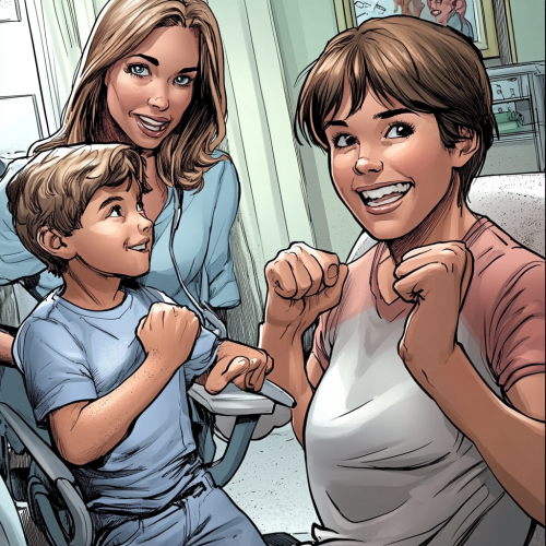 Young boy happily shows off muscles, mom looks concerned. Young boy happily shows off muscles, mom looks concerned.