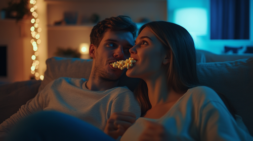 Young couple eating popcorn on new sofa, cinematic close-up.
