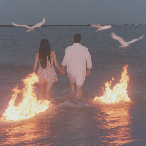 Young couple in colorful clothes walking into flames.