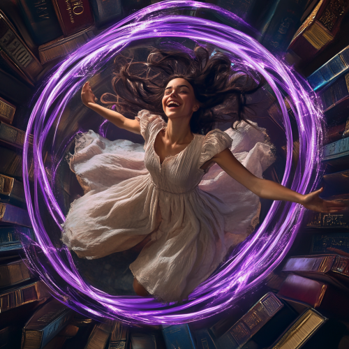 Young fashionable girl flying on purple loop joyfully surrounded by fantasy books