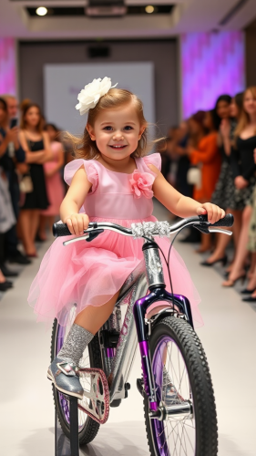 Young girl on diamond-studded bike in fashion show.