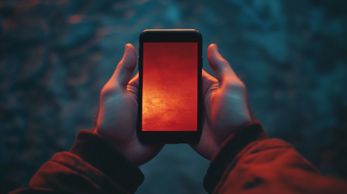 Young man holding phone, top view, mockup screen.