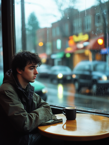 Young man in Seattle café, watching rain, deep in thought