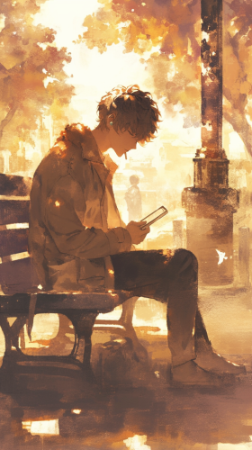 Young man in brown jacket on park bench reflecting.