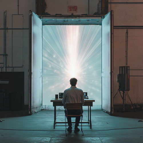 Young man in warehouse office watching light show.