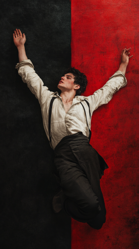 Young man suspended between red and black backgrounds.