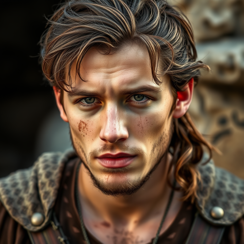 Young medieval man with brown hair ponytail.