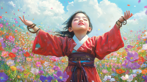 Young monk girl dances in flower field, eyes closed.