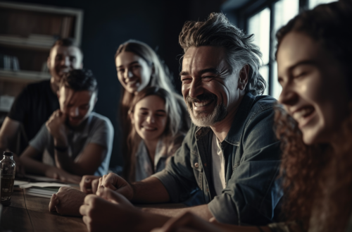 Young office workers laughing at laptop screen