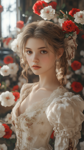 Young woman in Paris with white camellias. Luxury dress.