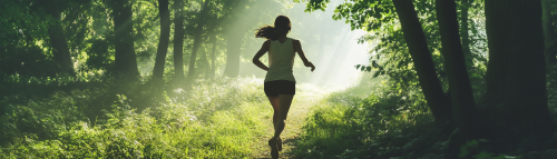 Young woman runs through lush forest in photo.