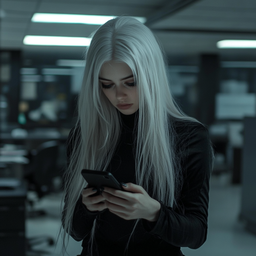 Young woman with long white hair, dressed in black.