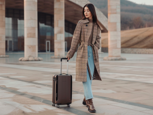 Young woman with suitcase, stylish outfit, thoughtful expression