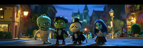 Youthful Cartoon Characters in Playful Halloween Scene Youthful Cartoon Characters in Playful Halloween Scene