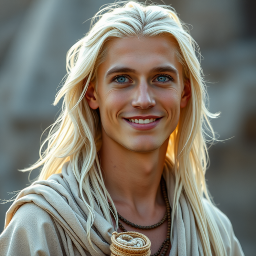 Youthful Man with Piercing Blue Eyes in White Tunic