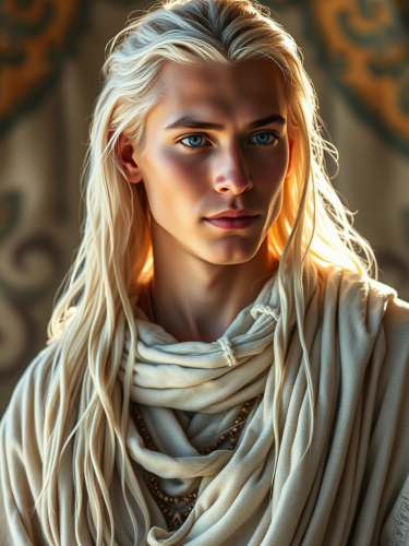Youthful Man with Platinum Hair in Ethereal Clothes