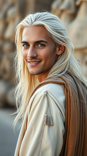 Youthful Man with Platinum Hair in Ethereal Whites