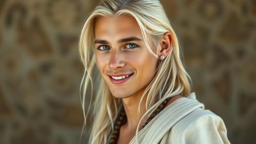 Youthful Man with Platinum Hair in Tribal Attire