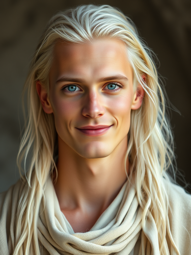 Youthful Man with Tribal Aura in White Attire