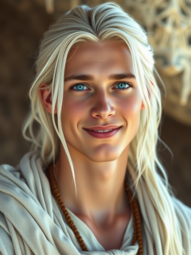 Youthful Man with Tribal Vibe in Ethereal Whites