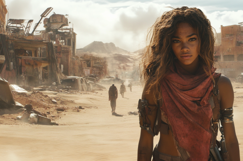 Zendaya in post-apocalyptic town, people walking, realistic concept