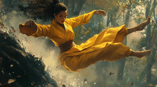 Zendaya-inspired Monk Kicking Air in Fantasy Forest