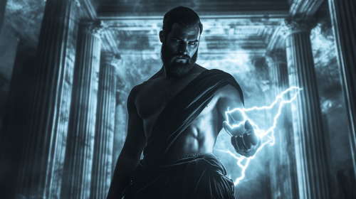 Zeus Emitting Lightning Power in Shadowy Marble Hall