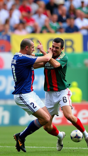 Zidane fights with Materazzi on the soccer field.