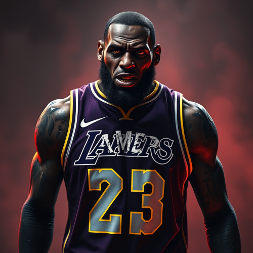 Zombie LeBron James in Lakers Jersey on Dark Background
