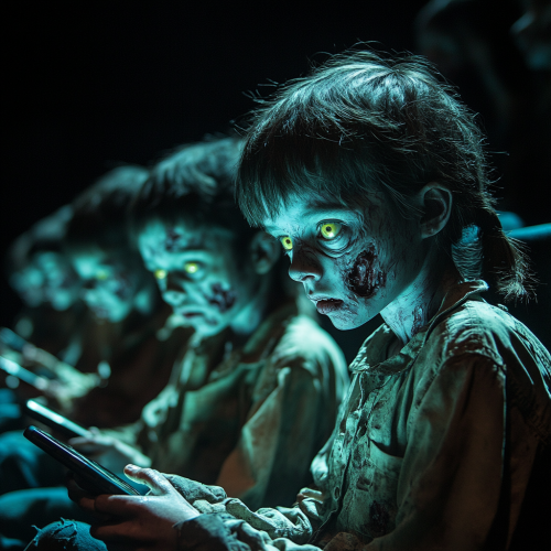 Zombie children staring at cell phones in dark theater.