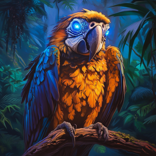 Zombie macaw parrot with glowing blue eyes. Perched branch.