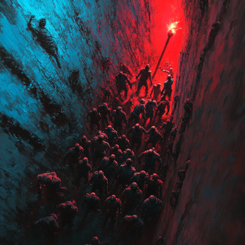 Zombies Climb Earth Walls in Red and Blue Light.